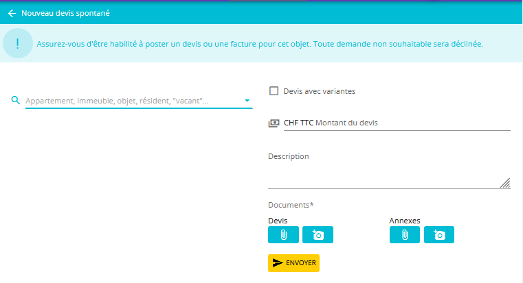 Page d'ajout d'un nouveau devis spontané sur DRA