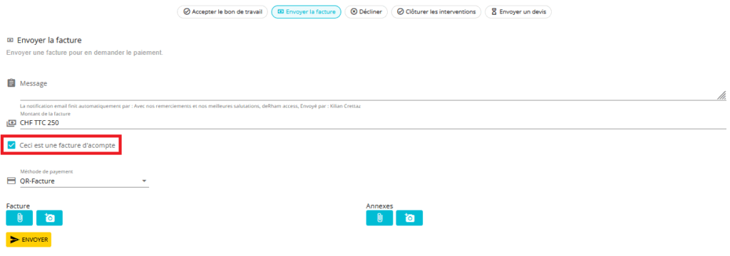 Ajout d'une facture d'acompte